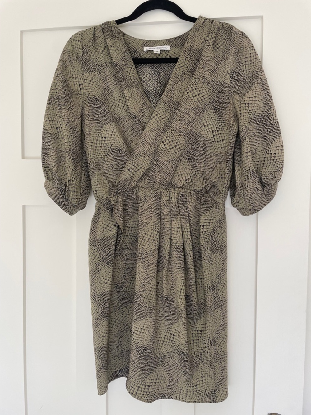 Amanda Uprichard Silk Snake Print Sage Green Wrap Look Mini Dress